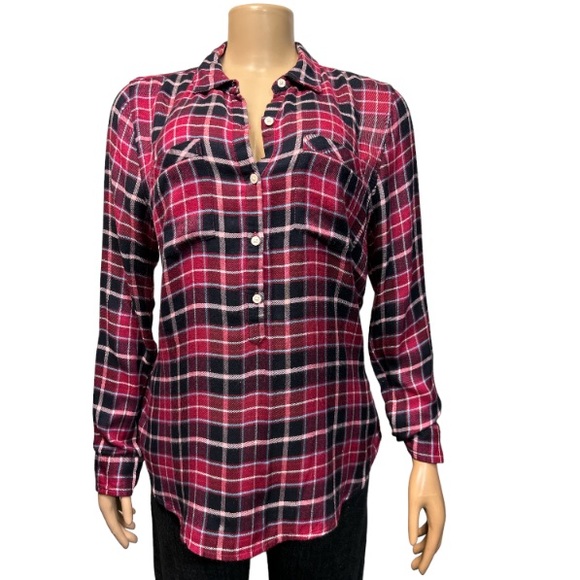 Lucky Brand Plaid Top popover Longline 1/2 button up long Sleeve size M - Picture 1 of 16